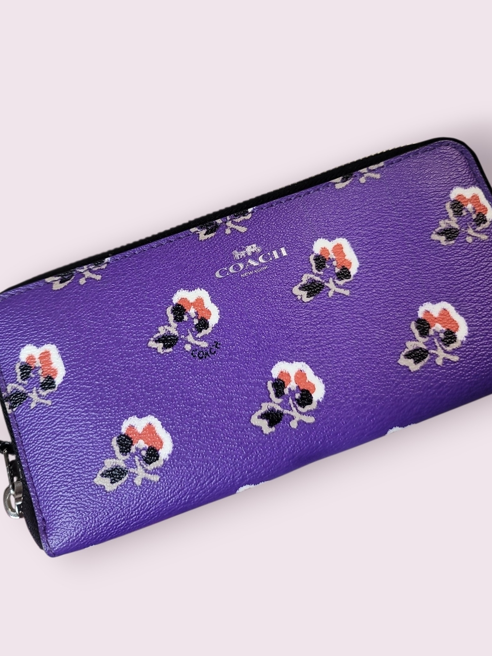 Coach Bramble Rose Flower Slim Accordion Zip Around Wallet Purple Black - Picture 3 of 6